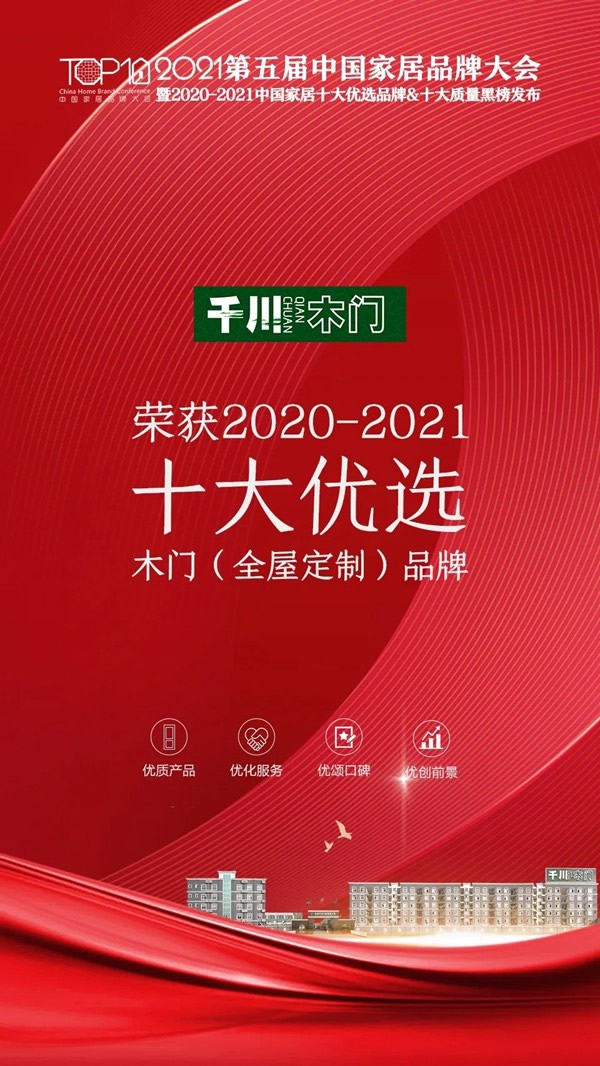 千川木門榮膺第五屆中國(guó)家居品牌大會(huì)“十大優(yōu)選木門品牌”