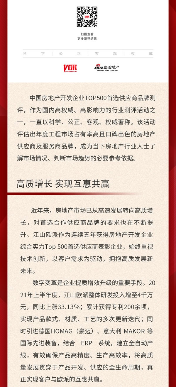 五年蟬聯(lián)！江山歐派獲評“2022中國房地產(chǎn)開發(fā)企業(yè)500強首選供應商”